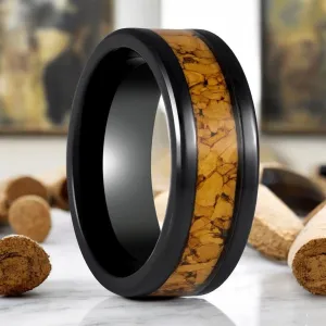 LANG | Black Tungsten Ring, Natural Cork Inlay, Flat