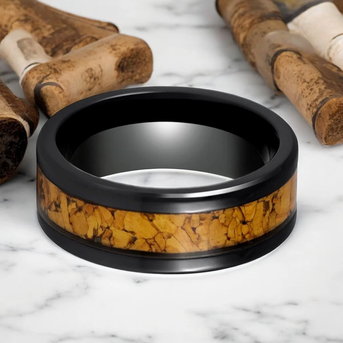 LANG | Black Tungsten Ring, Natural Cork Inlay, Flat