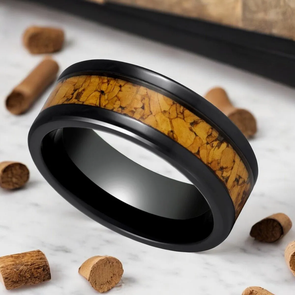 LANG | Black Tungsten Ring, Natural Cork Inlay, Flat