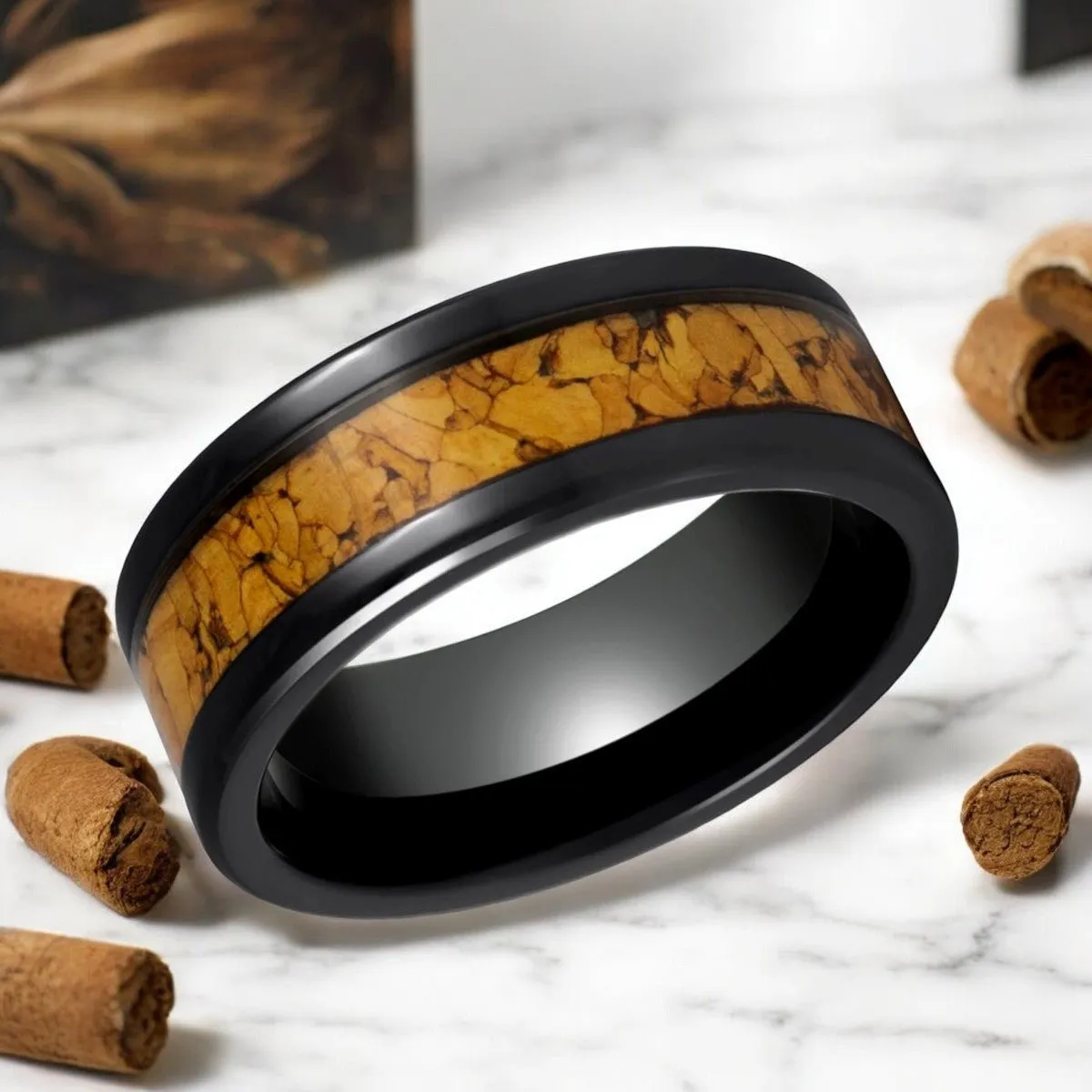 LANG | Black Tungsten Ring, Natural Cork Inlay, Flat