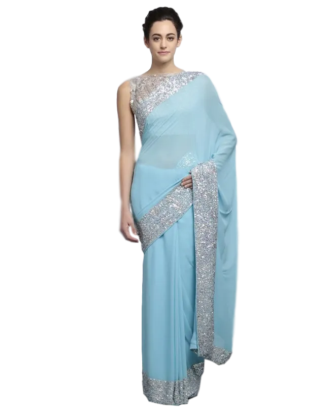 Light blue color designer saree with silver ssequin work
