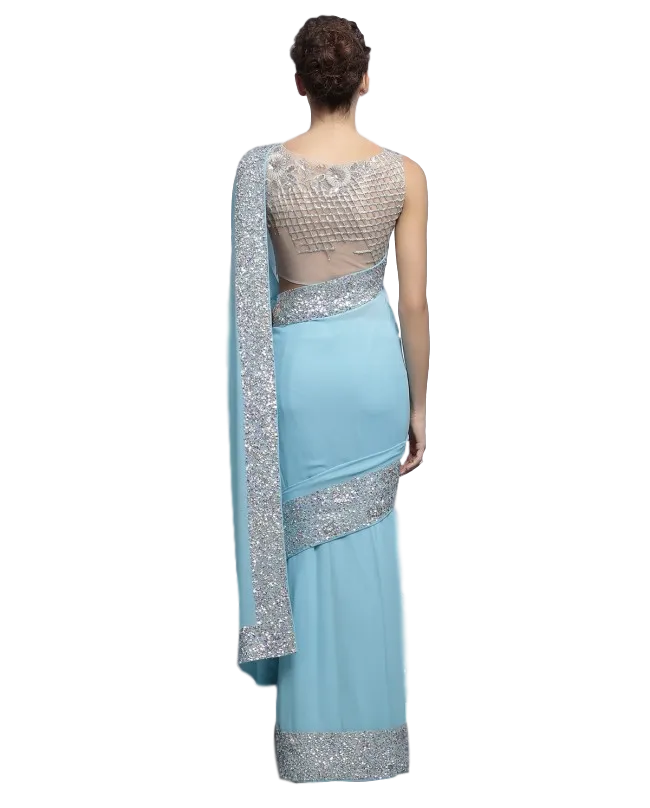 Light blue color designer saree with silver ssequin work