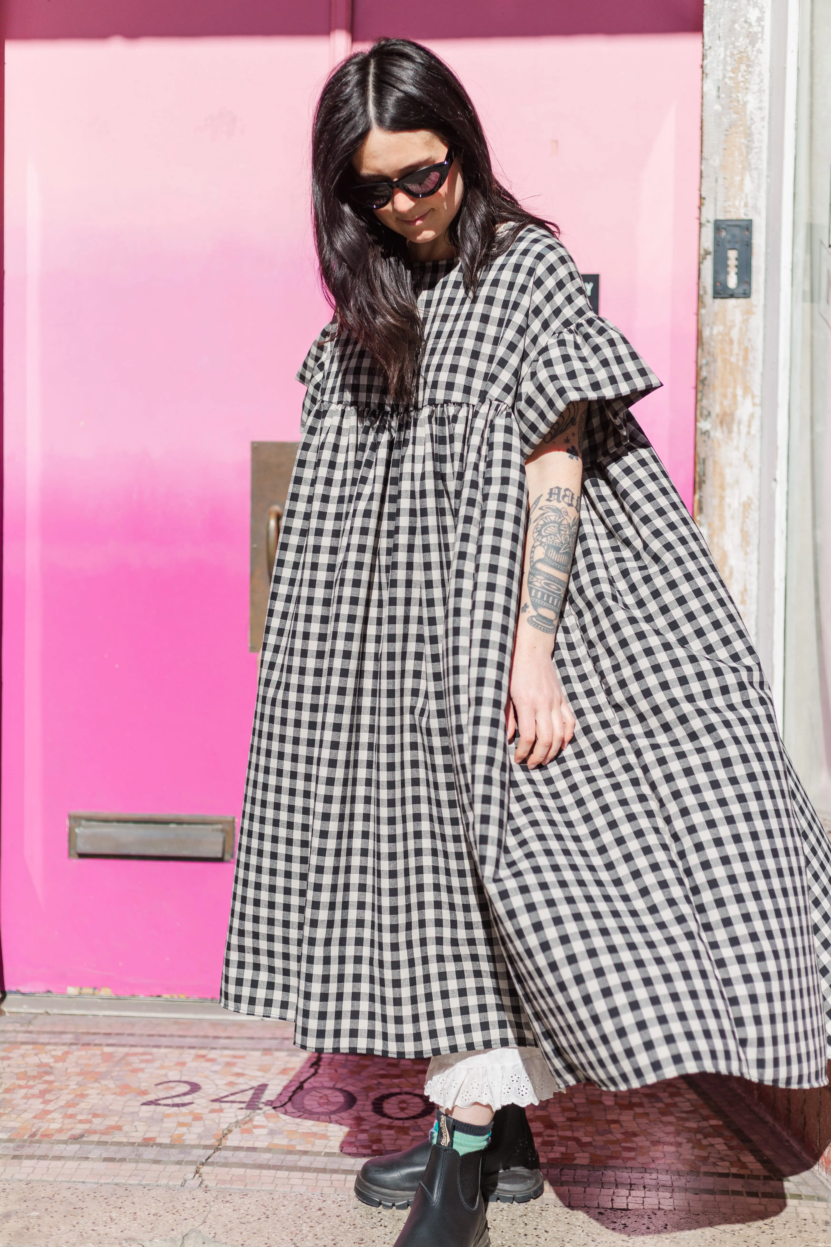 Mushroom Dress in Black/Tan Gingham (RTS)