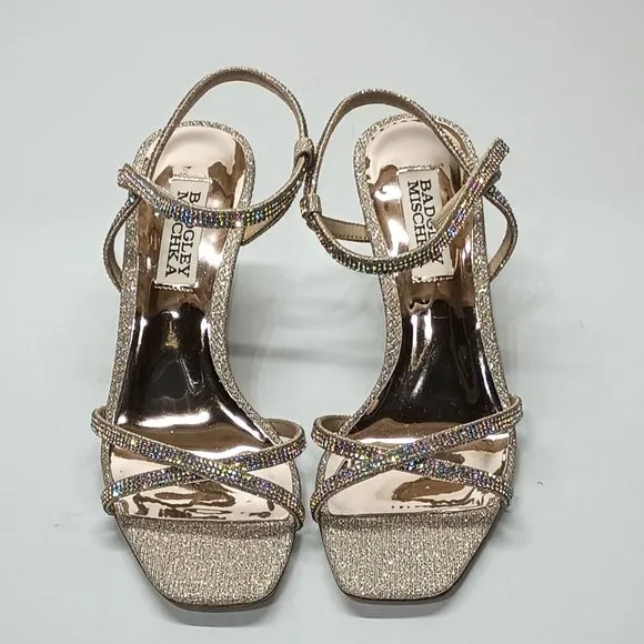 New Badgley Mischka Women's Reagan Wedge Sandal Size 5 Pale Gold Glitter