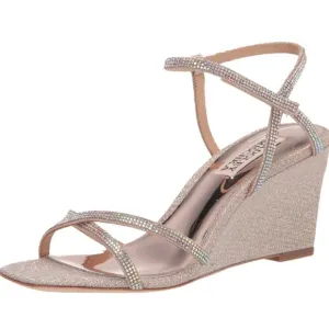 New Badgley Mischka Women's Reagan Wedge Sandal Size 5 Pale Gold Glitter