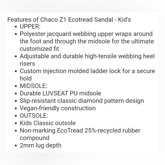 NWOT- Chaco ‘Z1 Ecotread’ Youth Sandal