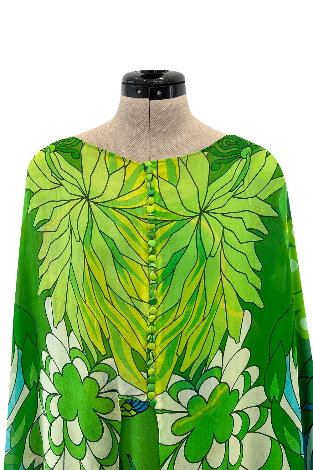 Phenomenal Early 1970s La Mendola Green Silk Jersey Caftan Dress w Silk Chiffon Overlay
