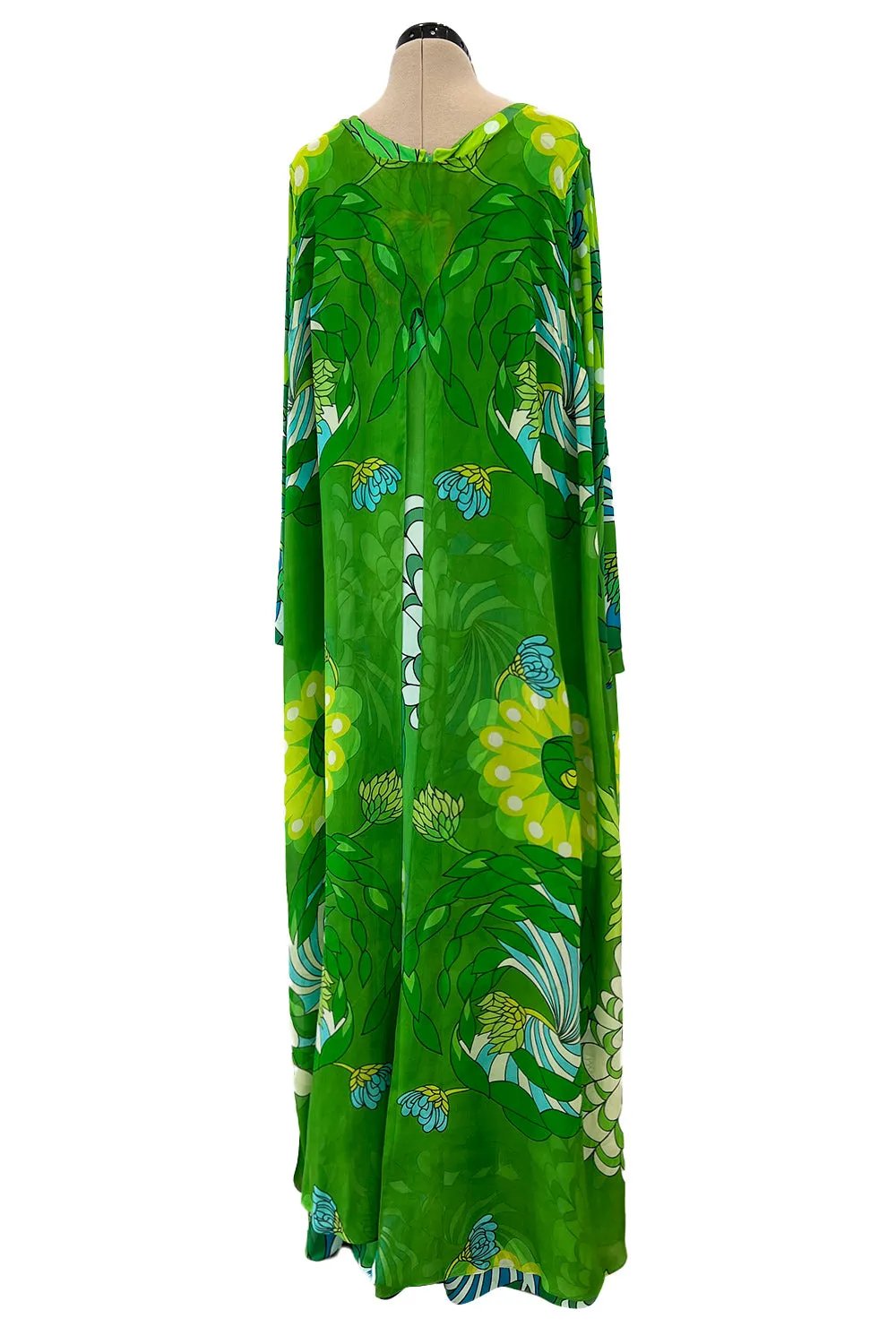 Phenomenal Early 1970s La Mendola Green Silk Jersey Caftan Dress w Silk Chiffon Overlay