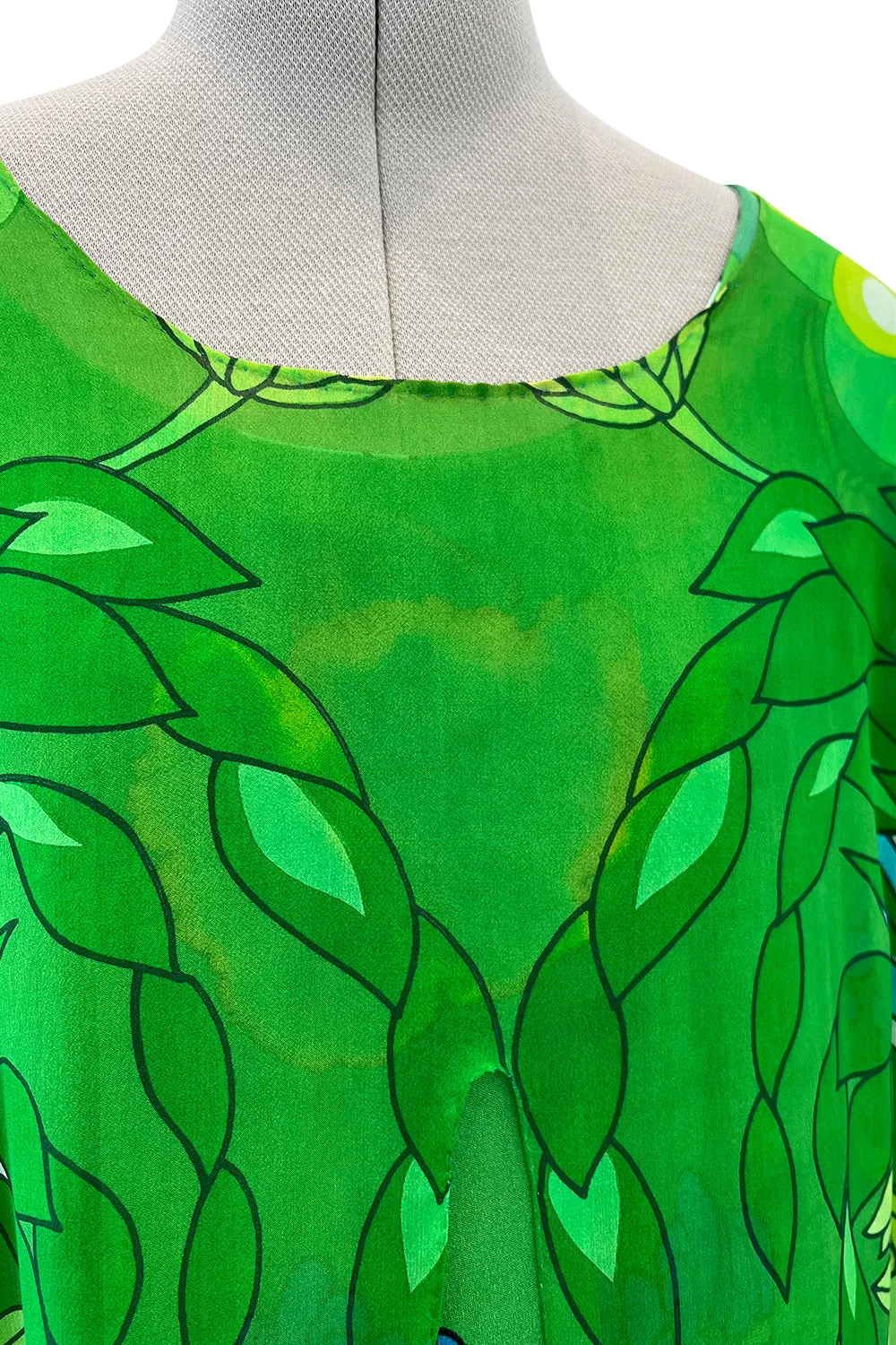 Phenomenal Early 1970s La Mendola Green Silk Jersey Caftan Dress w Silk Chiffon Overlay