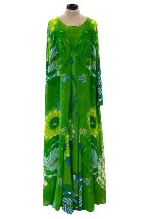 Phenomenal Early 1970s La Mendola Green Silk Jersey Caftan Dress w Silk Chiffon Overlay
