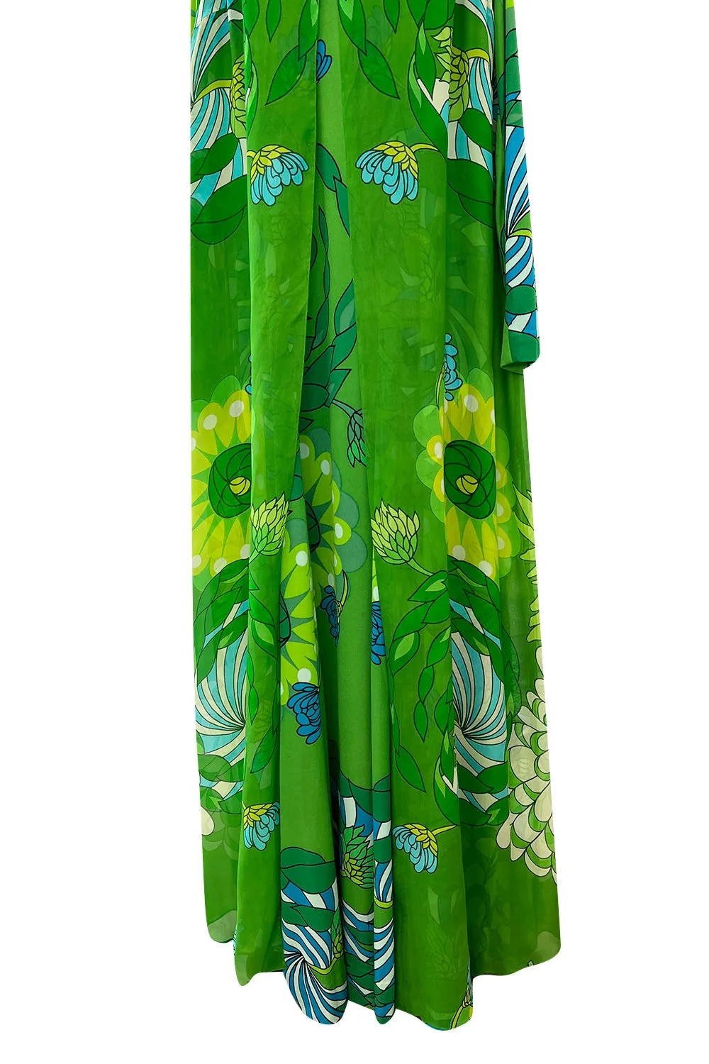 Phenomenal Early 1970s La Mendola Green Silk Jersey Caftan Dress w Silk Chiffon Overlay
