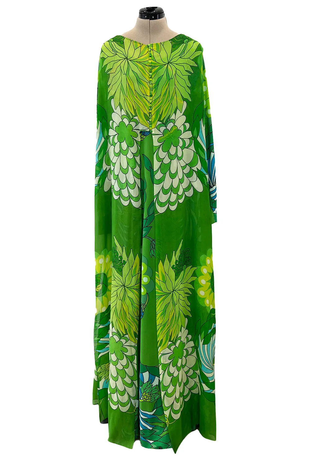 Phenomenal Early 1970s La Mendola Green Silk Jersey Caftan Dress w Silk Chiffon Overlay