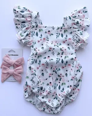 PREORDER! Shiloh Ruffle Back Romper - Pink and White Floral