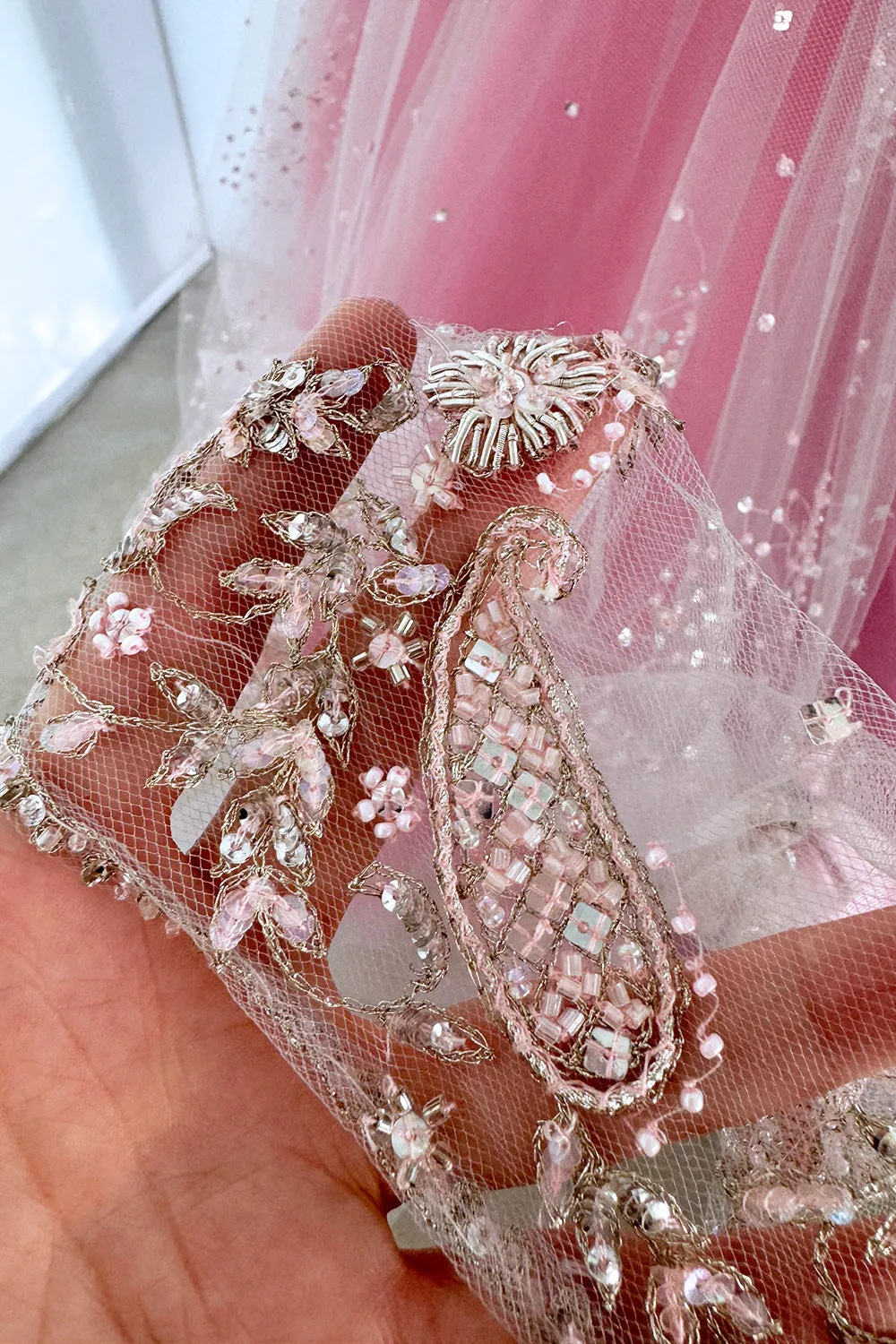 Prettiest 2000s Oscar de la Renta Strapless Pink Tulle Dress w Extensive Beadwork