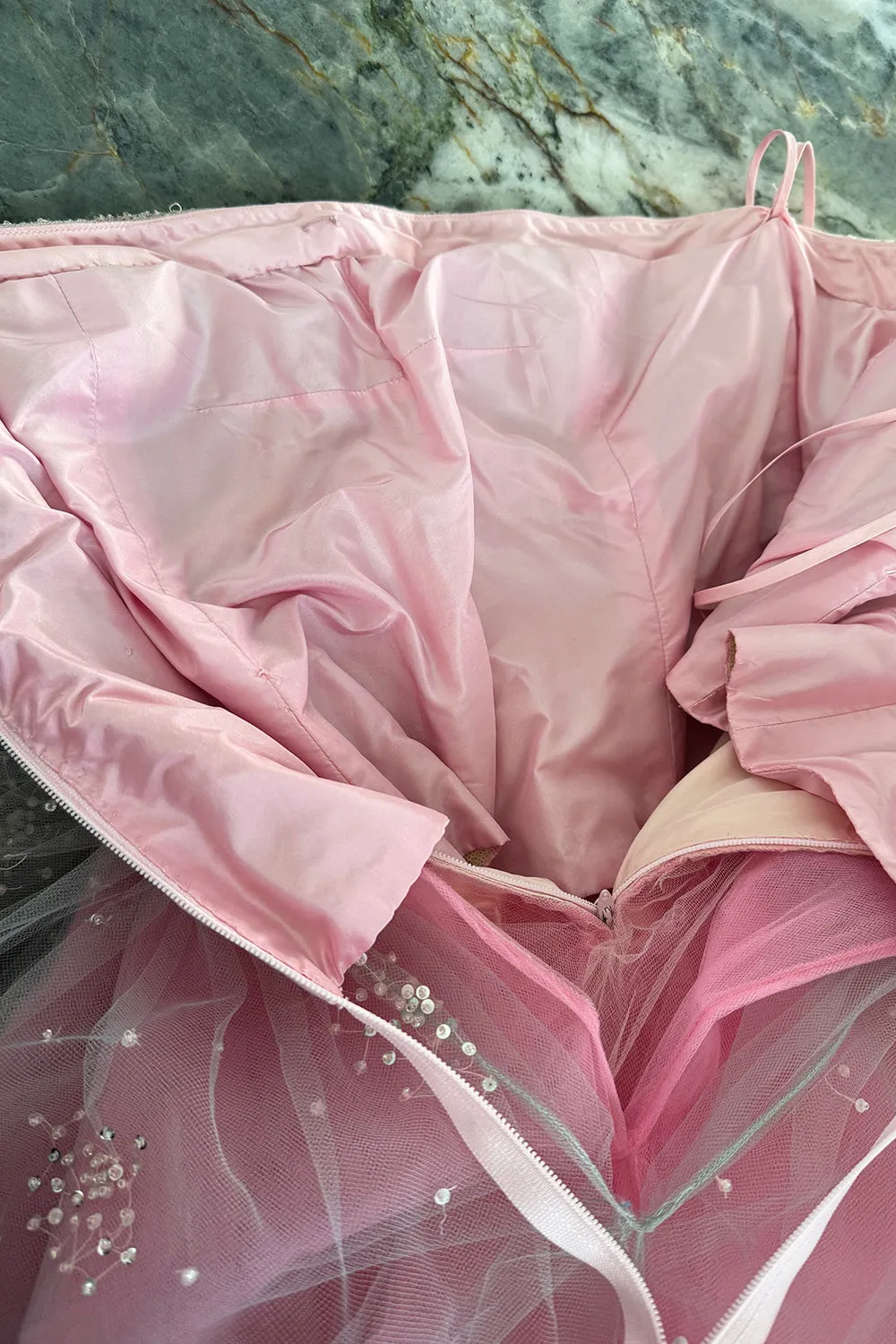 Prettiest 2000s Oscar de la Renta Strapless Pink Tulle Dress w Extensive Beadwork