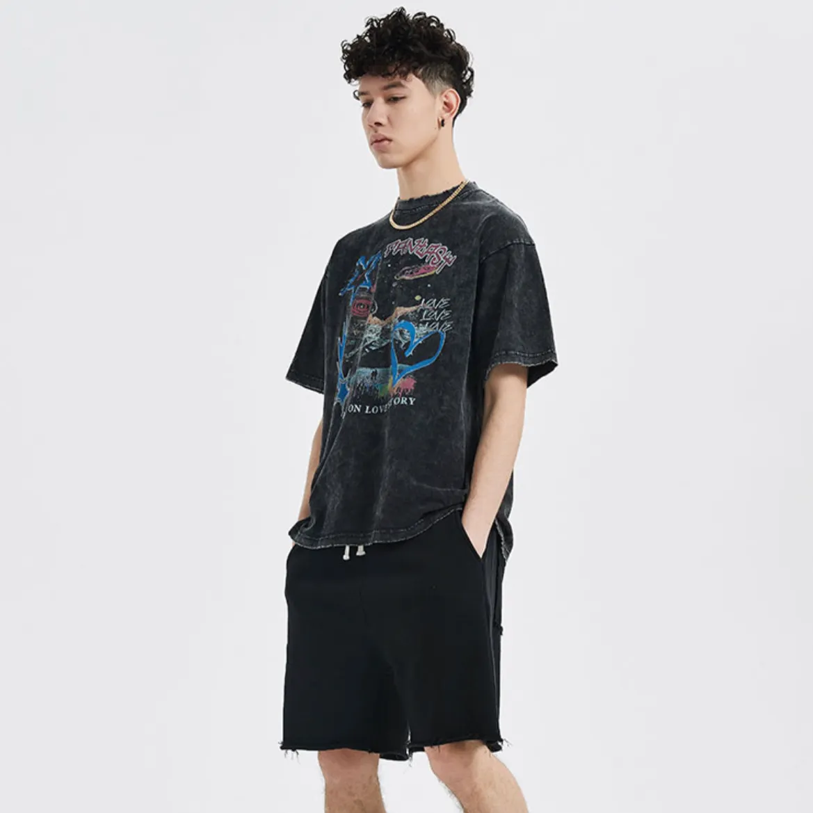 "LOVE" T-shirt Délavé Imprimé Retro Streetwear - URB1™