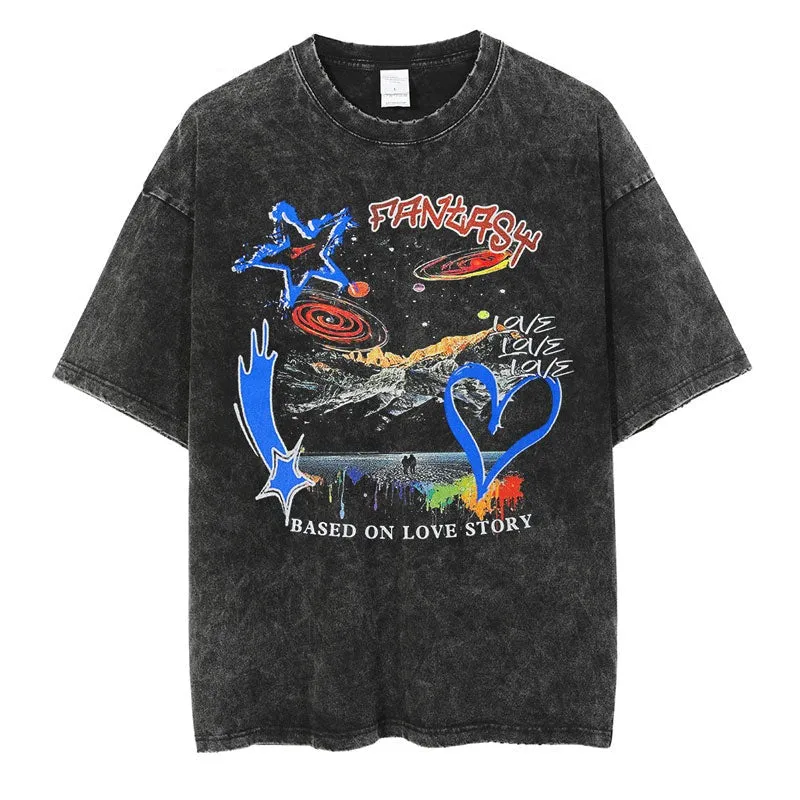 "LOVE" T-shirt Délavé Imprimé Retro Streetwear - URB1™