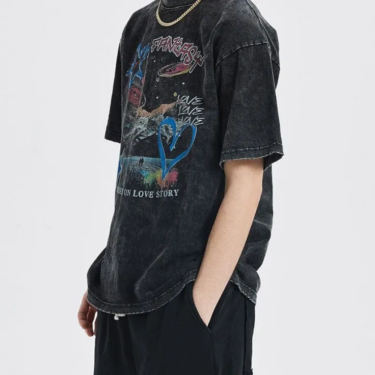 "LOVE" T-shirt Délavé Imprimé Retro Streetwear - URB1™