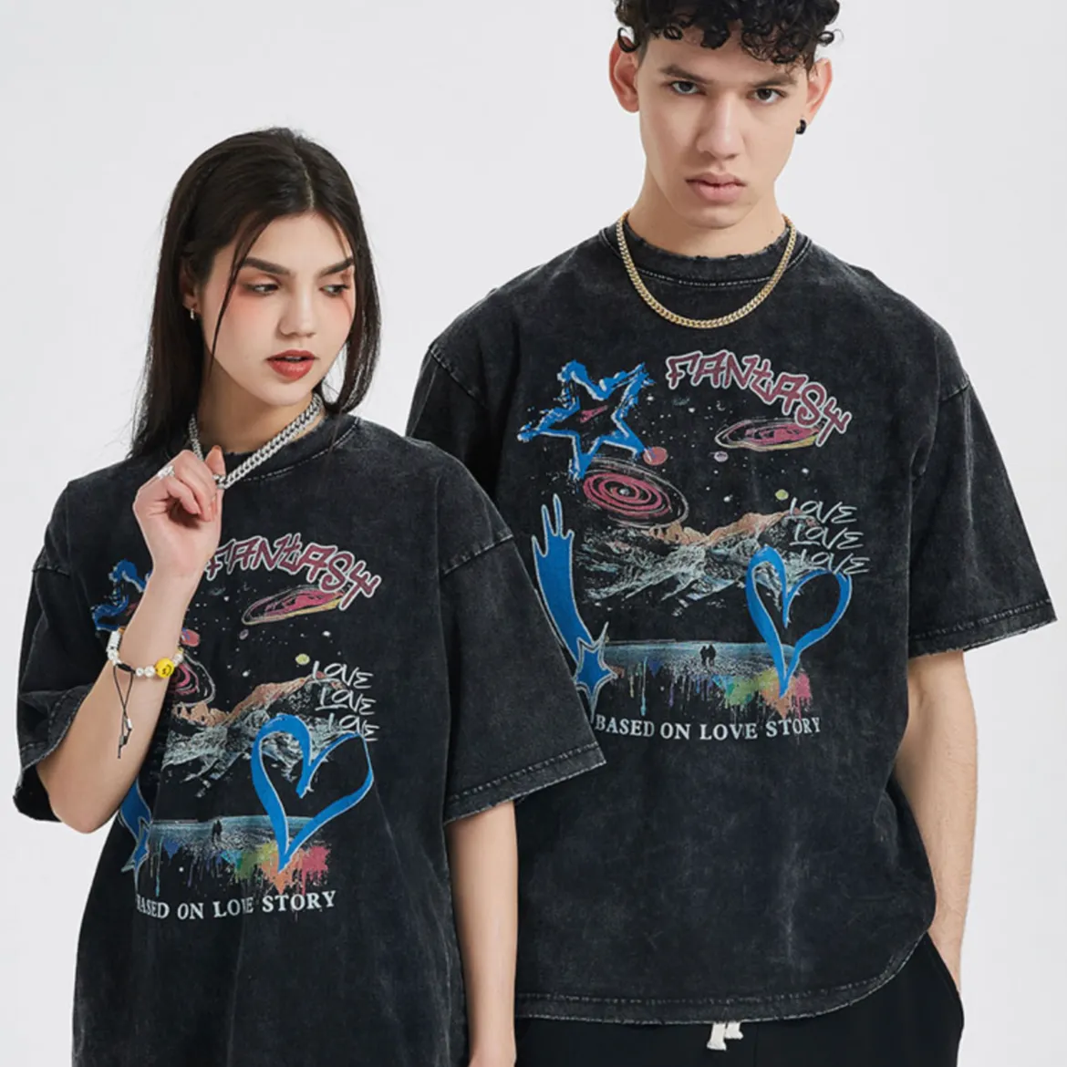 "LOVE" T-shirt Délavé Imprimé Retro Streetwear - URB1™