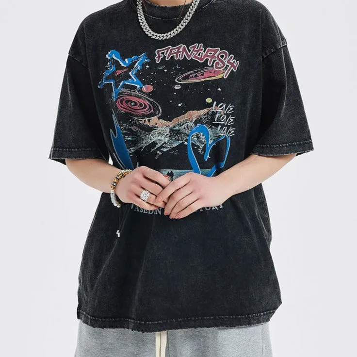 "LOVE" T-shirt Délavé Imprimé Retro Streetwear - URB1™
