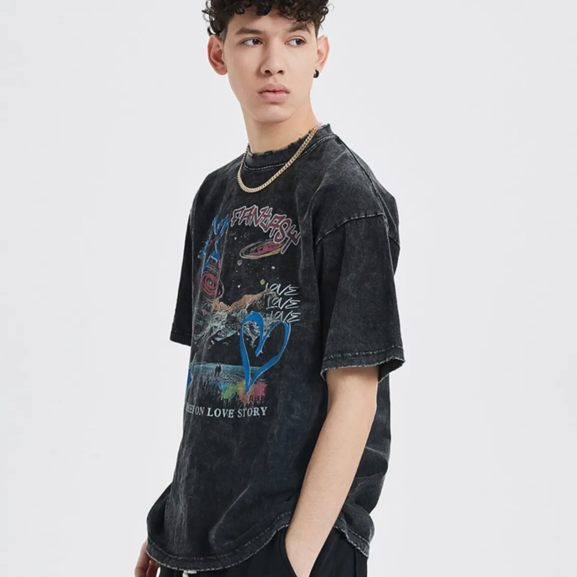 "LOVE" T-shirt Délavé Imprimé Retro Streetwear - URB1™