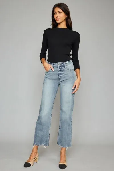 Sammie Kancan High Waist Raw Hem Cropped Wide Leg Jeans