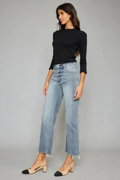 Sammie Kancan High Waist Raw Hem Cropped Wide Leg Jeans