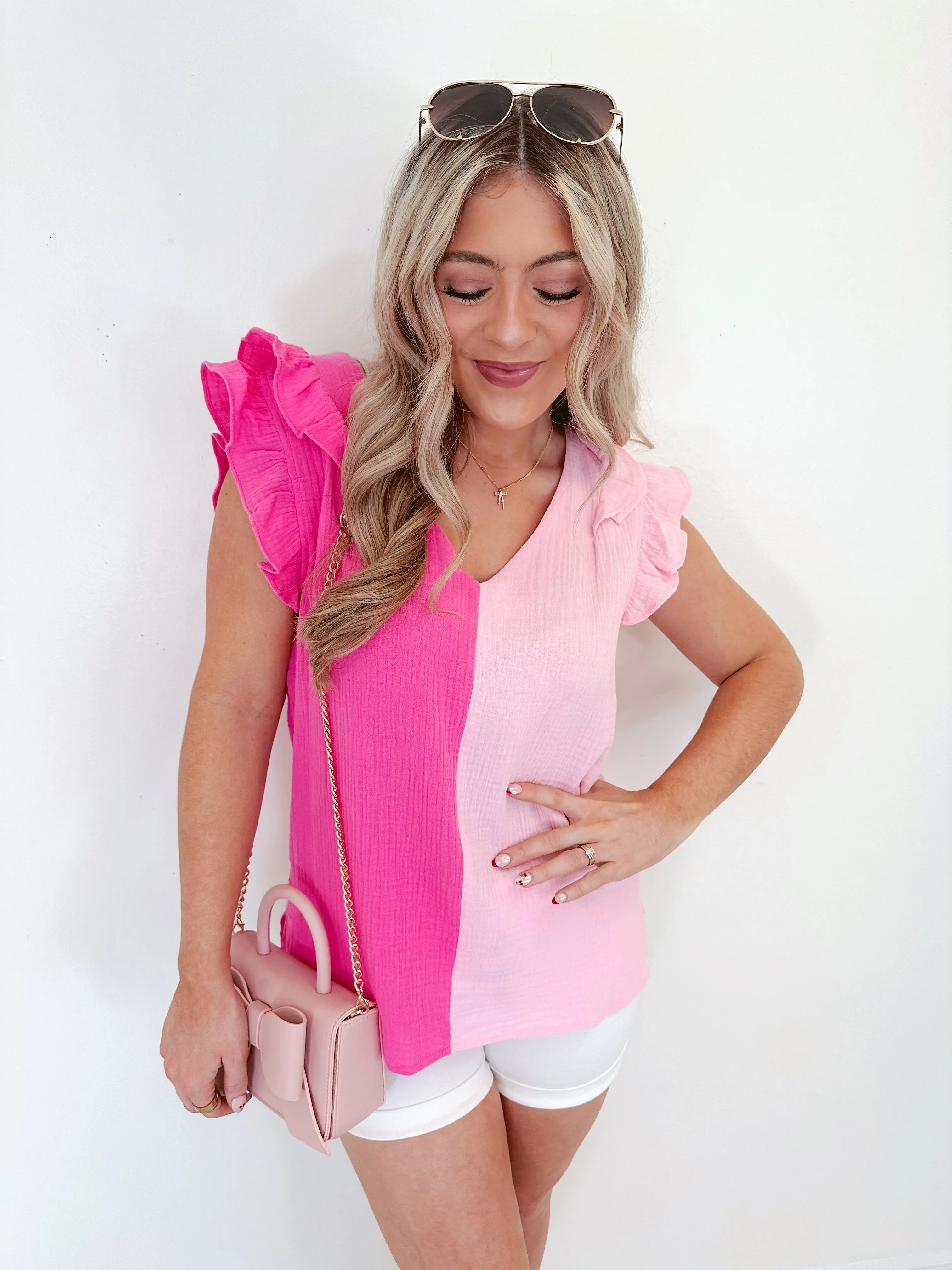 Tia Two-Tone Gauze V-Neck Top - Pink