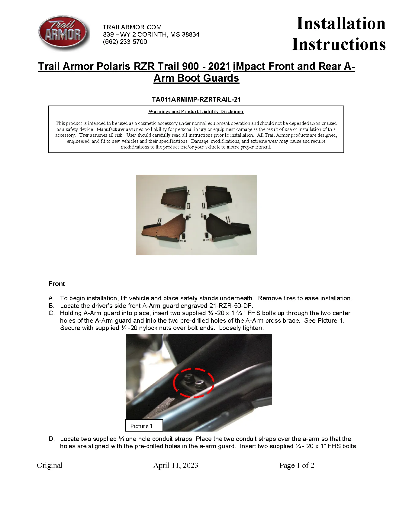 Trail Armor Polaris RZR Trail iMpact A-arm Guards 2021 - 2025