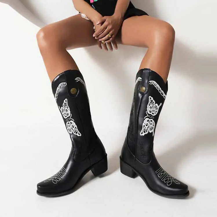 Women's Floral Embroidery Pointed Toe Cowgirl Boots