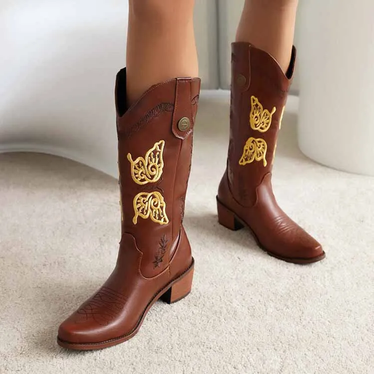 Women's Floral Embroidery Pointed Toe Cowgirl Boots