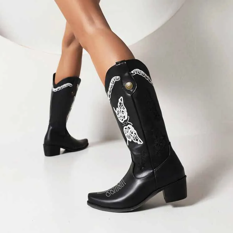 Women's Floral Embroidery Pointed Toe Cowgirl Boots