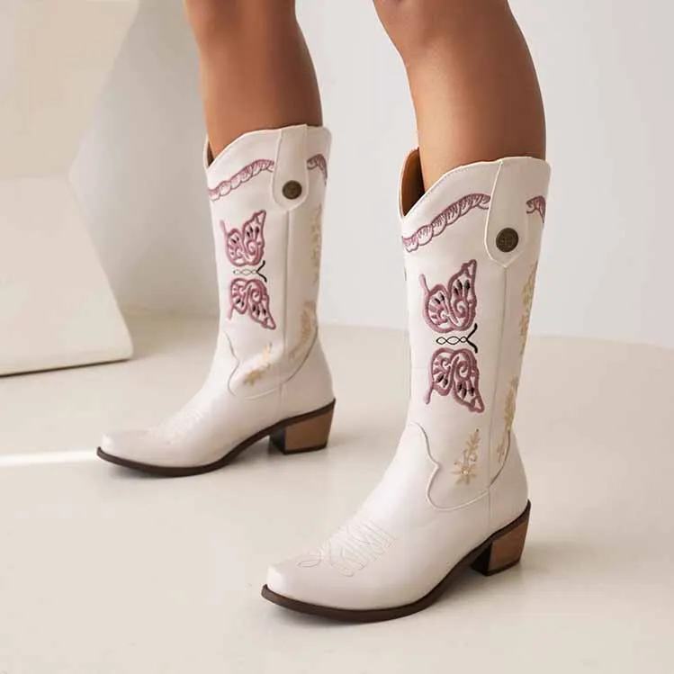 Women's Floral Embroidery Pointed Toe Cowgirl Boots