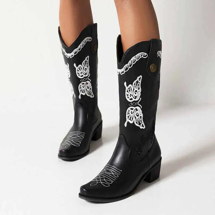 Women's Floral Embroidery Pointed Toe Cowgirl Boots