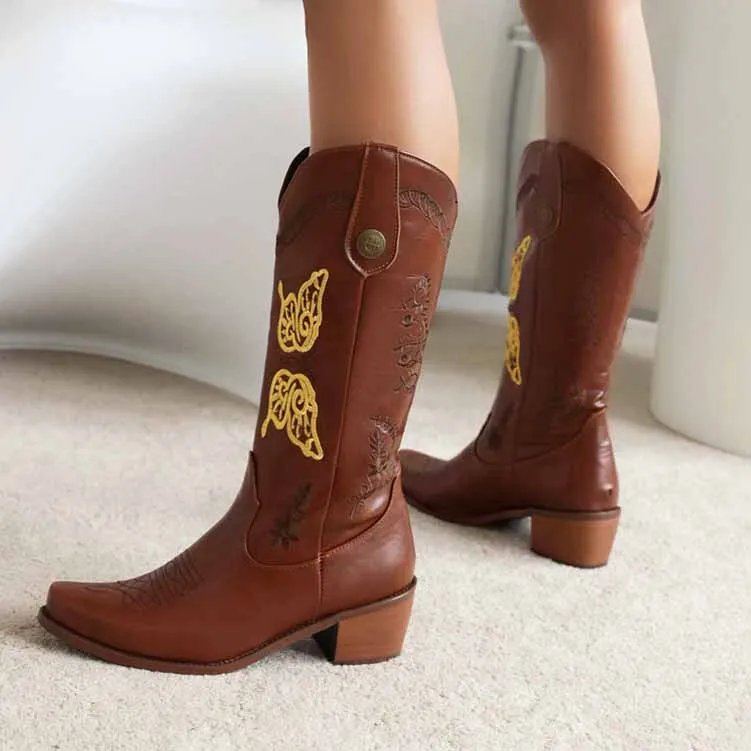 Women's Floral Embroidery Pointed Toe Cowgirl Boots