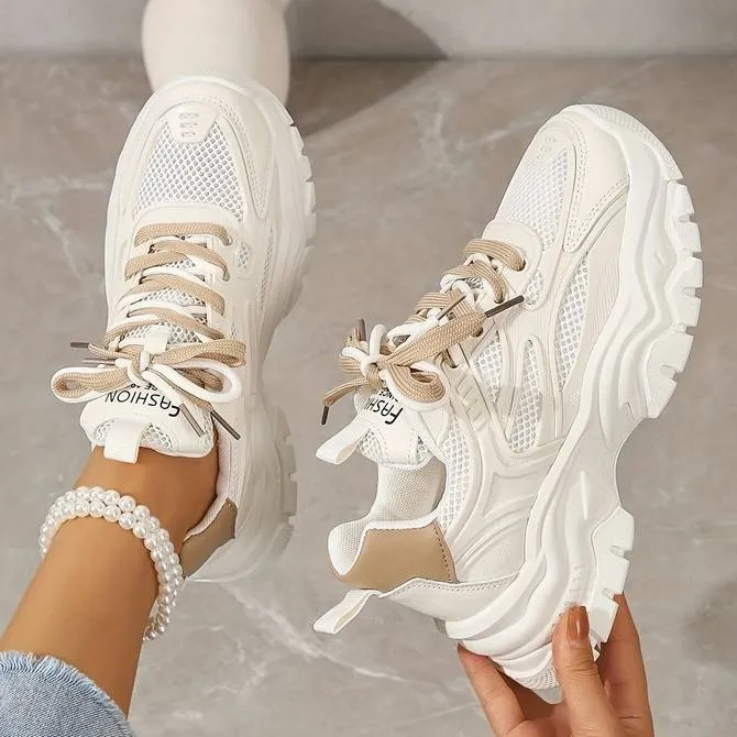 Women’s Stylish Mesh White Sneakers with Double Lace | Perfect for Everyday Wear
