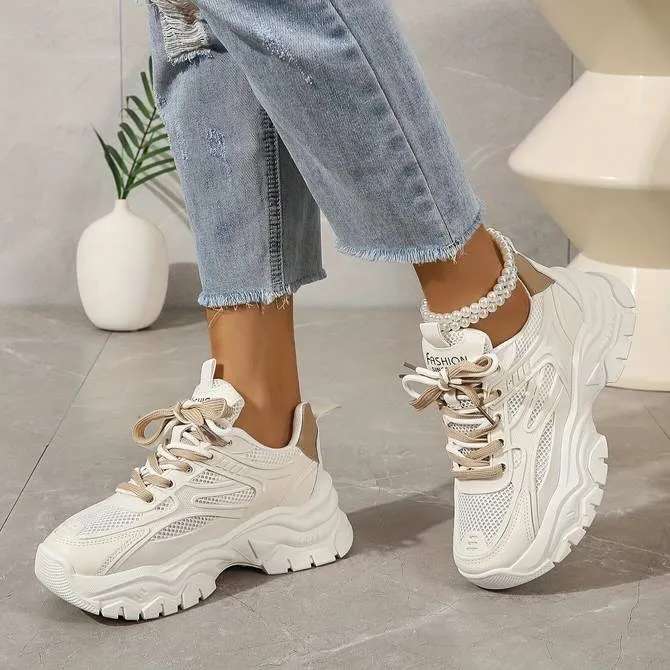 Women’s Stylish Mesh White Sneakers with Double Lace | Perfect for Everyday Wear