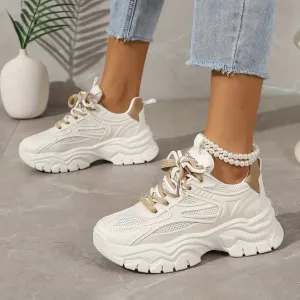 Women’s Stylish Mesh White Sneakers with Double Lace | Perfect for Everyday Wear