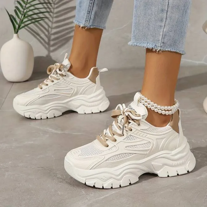 Women’s Stylish Mesh White Sneakers with Double Lace | Perfect for Everyday Wear