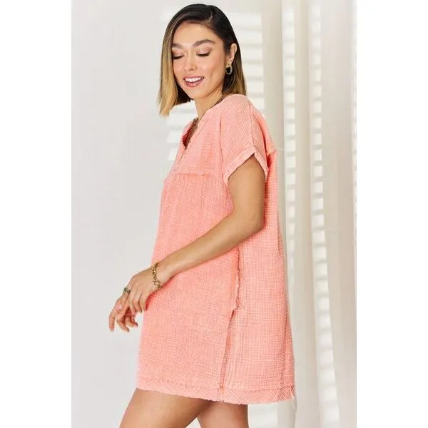 Zenana Washed Nochted Rolled Short Sleeve Dress